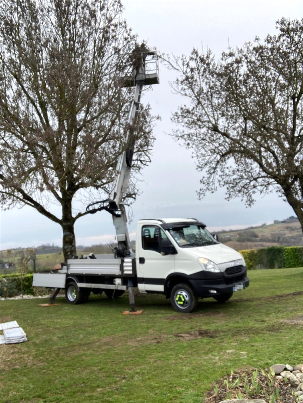 Camion-nacelle en intervention entre deux grands arbres